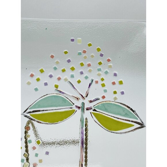 Vintage Hand Painted Mosaic Floral Square Dinner Plate Frosted Green Serve Ware - Picture 2 of 5